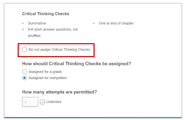 Screenshot showing Short Answer assignability options in Critical Thinking Checks