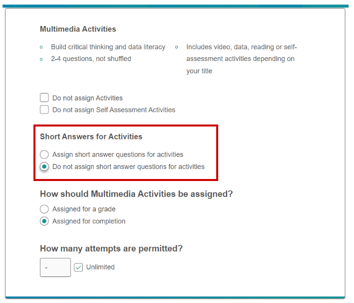 Screenshot showing Gradebook Settings option assign Short Answer questions in Activities