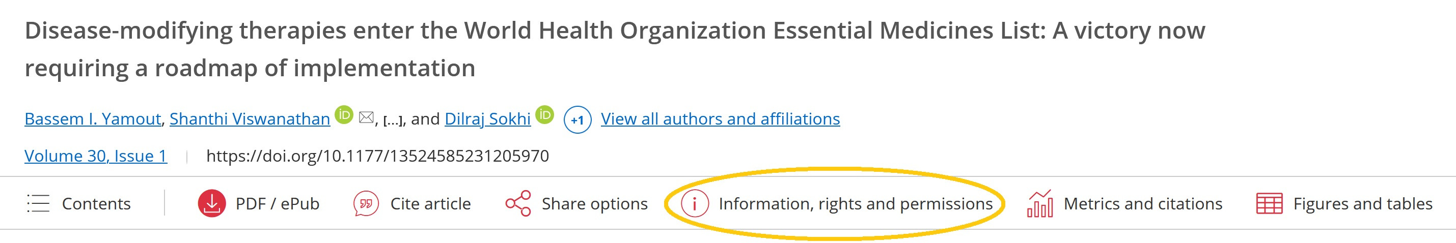 Options bar indicating the information, rights and permissions link